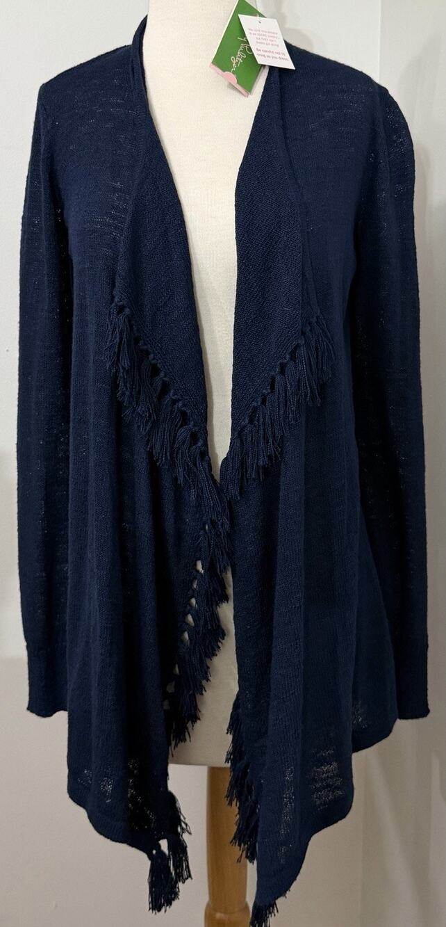 NEW Lilly Pulitzer Lucita True Navy Cardigan Sweater Fringe Small S NWT $128
